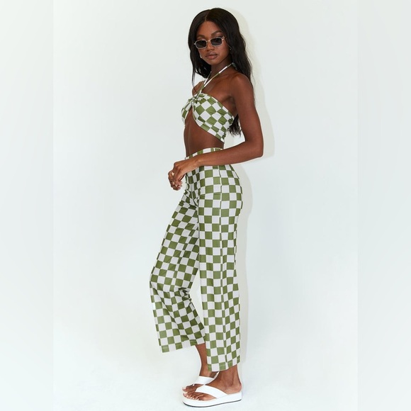 Princess Polly checkered stretch crop top halter bra pants set outfit NWOT - Picture 2 of 8